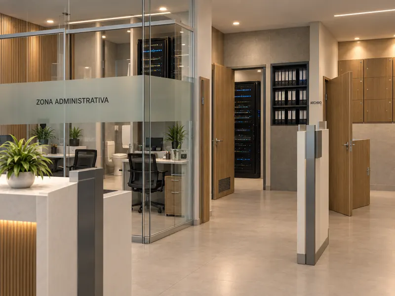Render de la zona administrativa de un centro de evaluación diseñado por Torrington